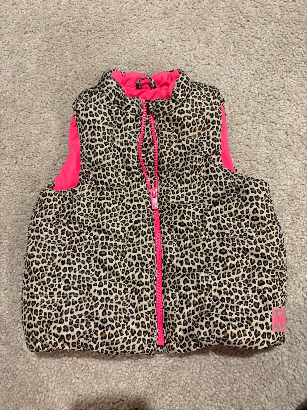 GAP Kids Leopard Print Puffer Vest with Hot Pink Trim